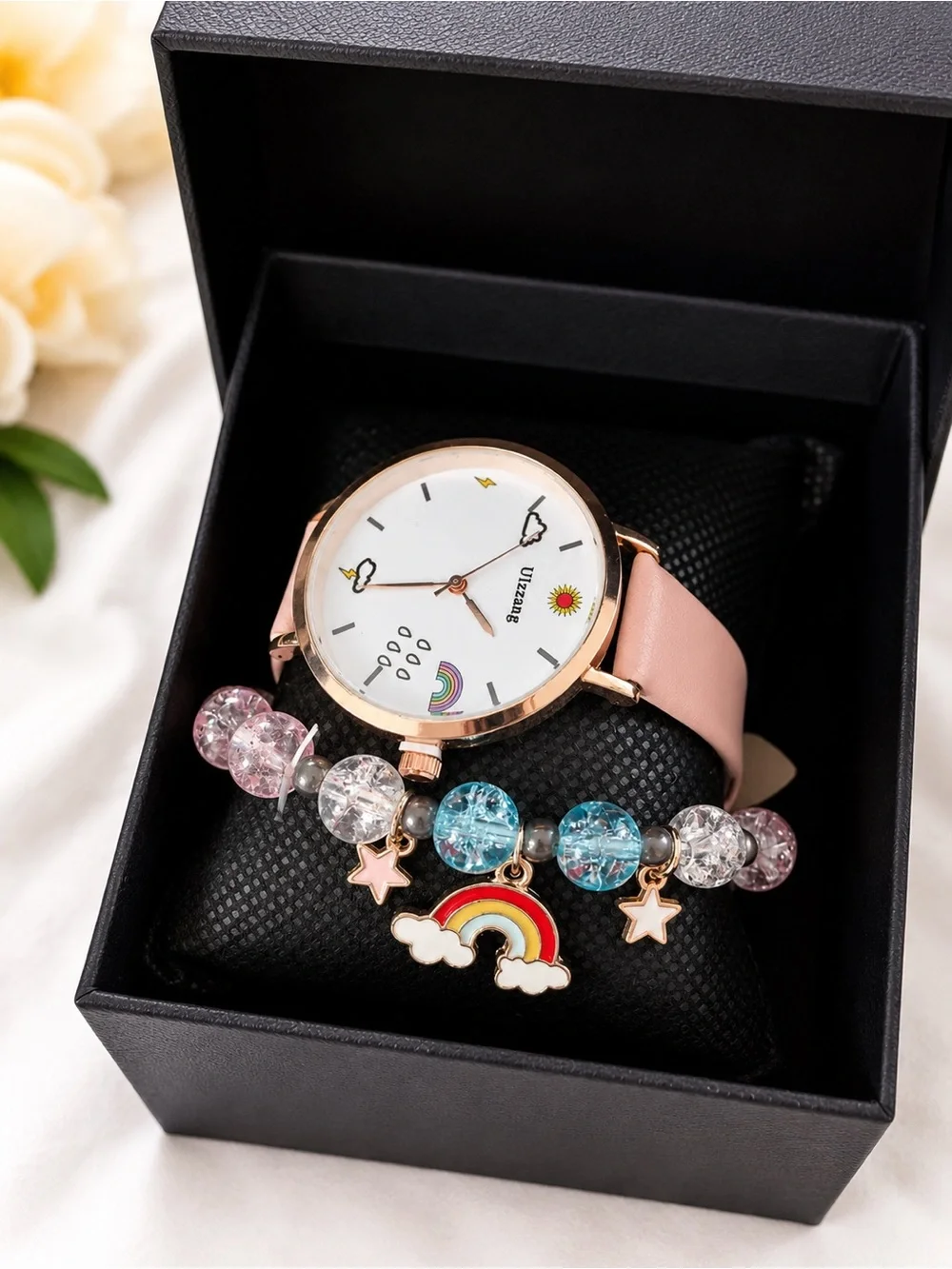 New! Girl’s Pink Leather Rainbow Dial Watch with Beaded Charm Bracelet